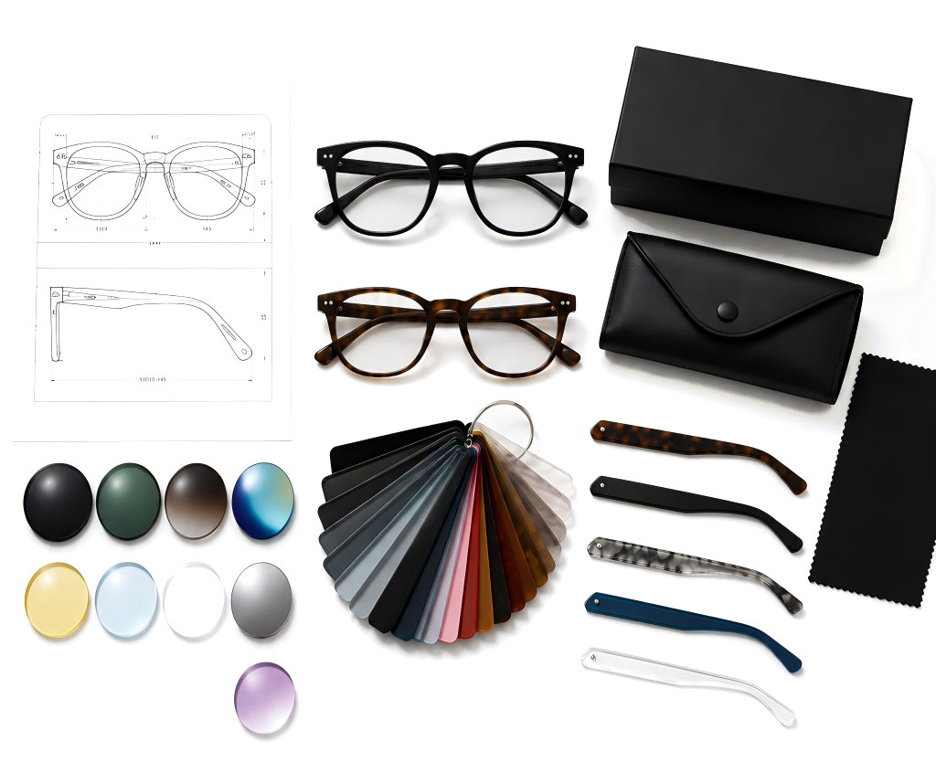 Private label eyewear customization including frames, colors, lenses, branding and packaging